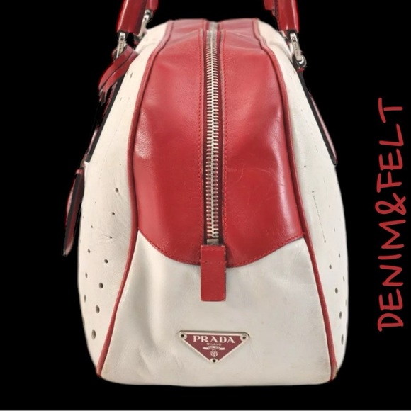 Prada Vintage White/ Red Leather 2000’s Bowling Bag/Perforated Vitello Bag |RARE - Picture 5 of 16